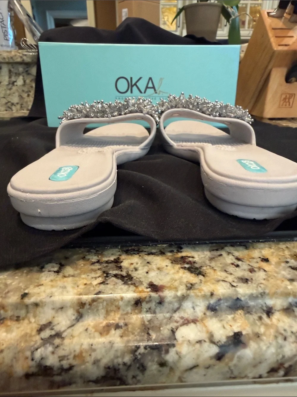 OKAb sandals  with acrylic “cubes” on the front
